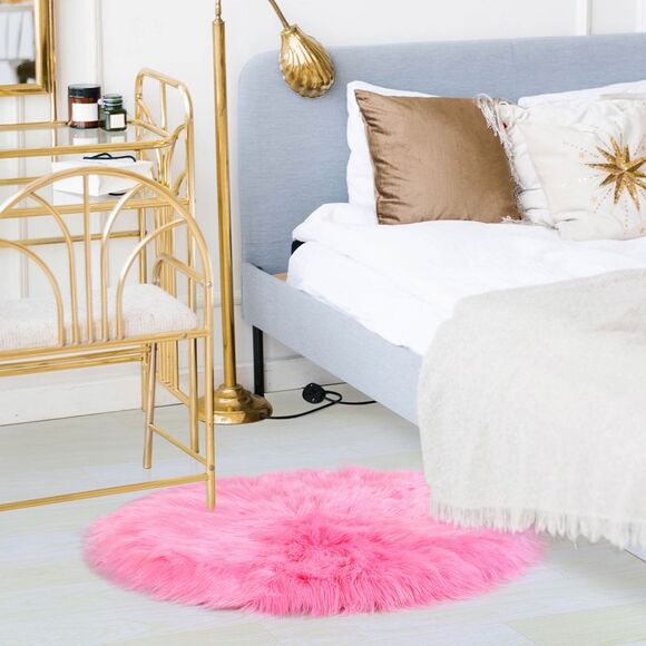 Faux Fur Round Rug Fluffy Area Rugs for Bedroom 2 x 2 Feet Rose Red - Picture 2 of 6